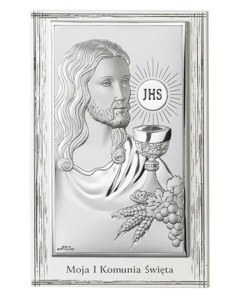 Obrazek na pamiątkę I Komunii Św. z Jezusem i Hostią na białym drewienku